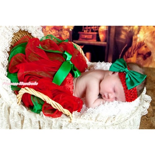 Xmas Hot Red Green Flower Petal Newborn Baby Pettiskirt With Kelly Green Bow N167 